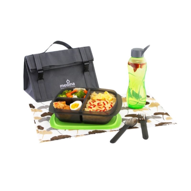 DUO SIMPLE SET TWO green Medina/kotak makan/bontot anak sekolah/bontot ke kantor/ ANTI TUMPAH PAKE T