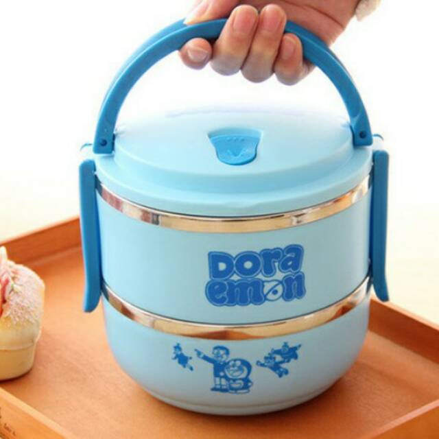 Rantang Kotak Makan Stainless Lunch Box Bulat 2 Susun Model Doraemon