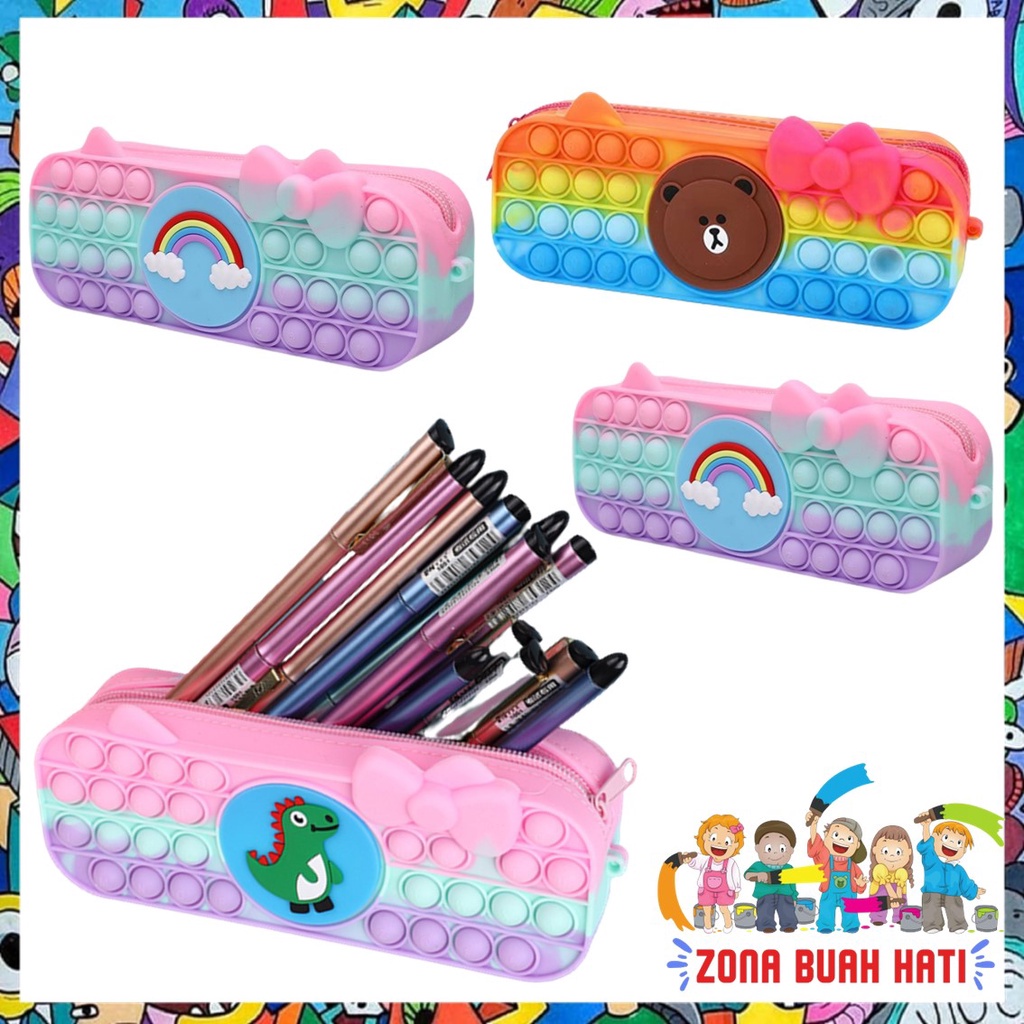 ZBH Kotak Pensil Pop It Rainbow Tempat Pensil Popit Karakter Macaroon Tempat Penyimpanan Alat Tulis Anak Warna Warni