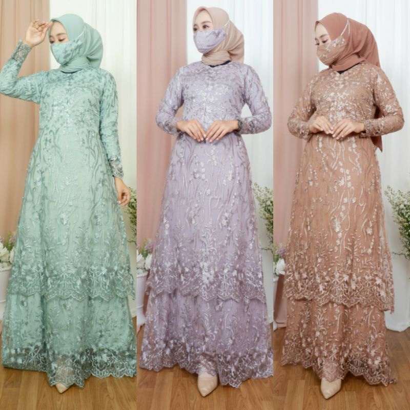 Gamis Malaysia Busui Tingkat/Susun Full Tulle Bordir depan belakang