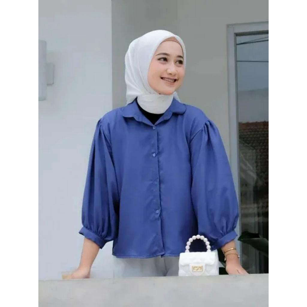 Kemeja Wanita Elze Puffy Blouse Lengan Balon Crop Top Bahan Shakila Twill By Ja Fashion