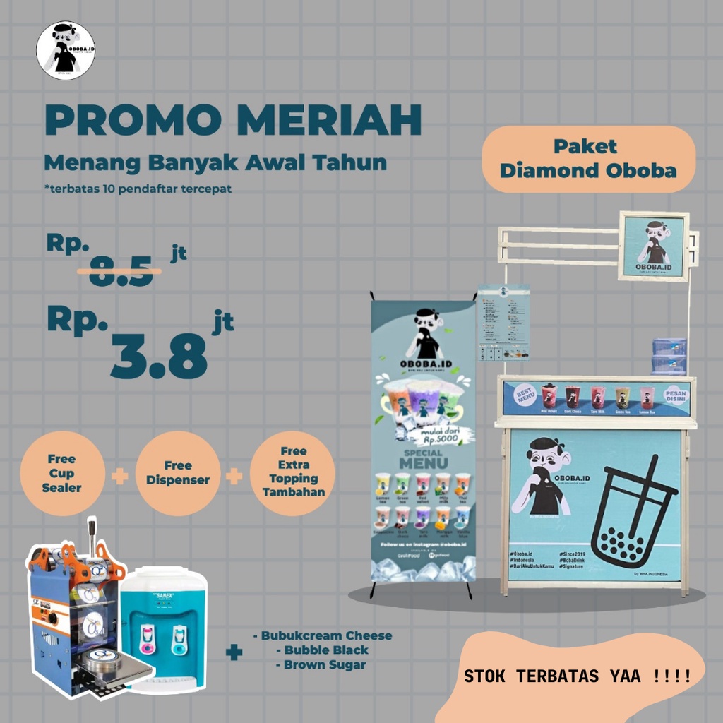 

Paket Usaha Franchise atau Kemitraan Oboba Indonesia (Free Cup Sealer + Dispenser)