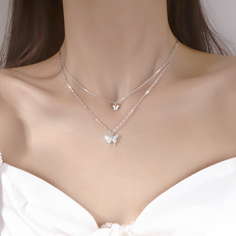 Papaozhu Halus s925 Perak Double Layered Rantai Kristal Kupu-Kupu Liontin Kalung Untuk Wanita Perempuan Korea Elegan Tulang Selangka Chain Necklace Jewelry