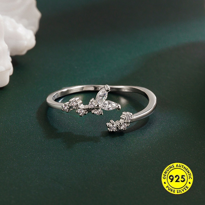 Cincin Sterling Silver 925 Model Terbuka Desain Kupu-Kupu Hias Berlian Untuk Wanita