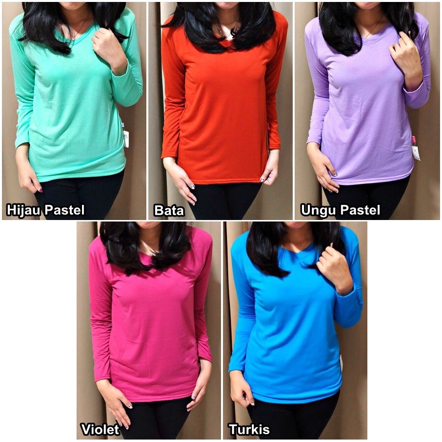 MakeGrosir Kaos Atasan Wanita Polos Lengan Panjang Basic VNECK