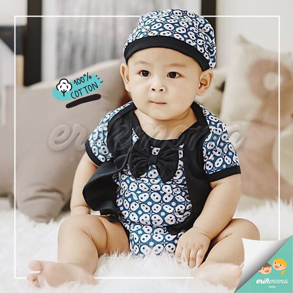 Ermon Baby - Jumper Bayi Laki Laki Jumper Baby Cowok Lucu Jas Batik Biru + Topi Usia 0 - 12 Bulan