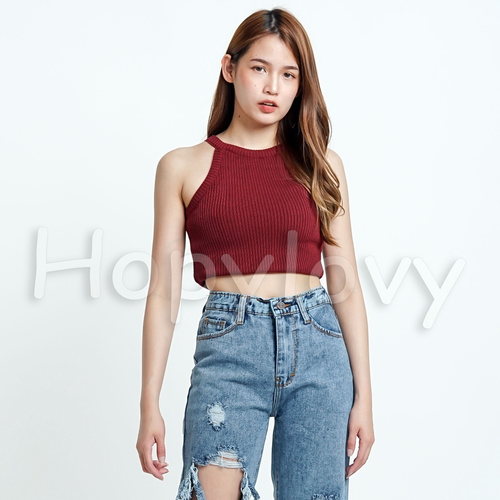 HOPYLOVY Tanktop Wanita Atasan Rajut Halter Kerah Rajut Knit Crop Top Abel