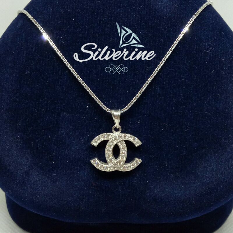 Silver 925 LIONTIN CHANEL KRISTAL PERAK LAPIS EMAS PUTIH RHODIUM