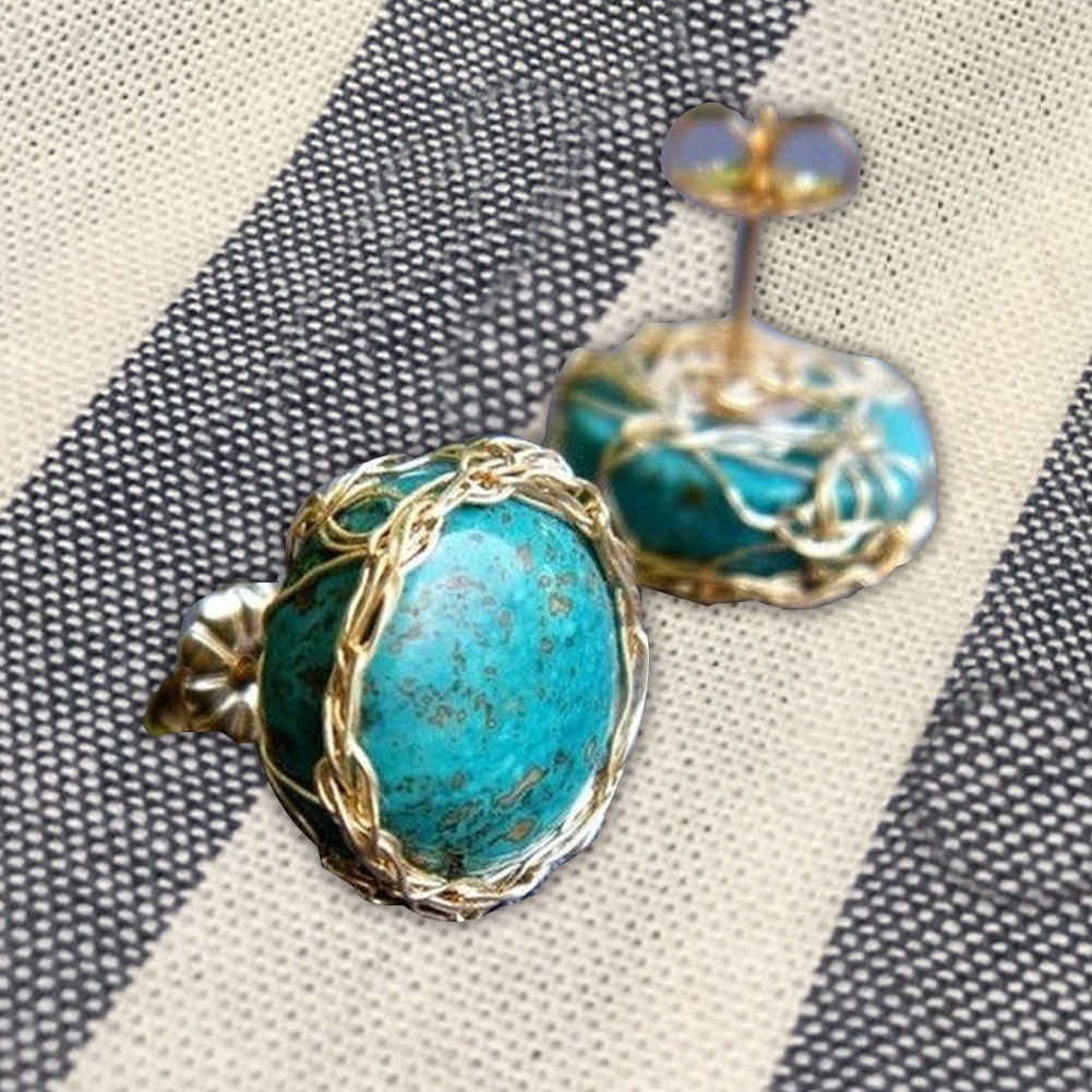 Perhiasan Anting Stud Bentuk Bulat Turquoise Tiruan Gaya Vintage Untuk Hadiah Wanita