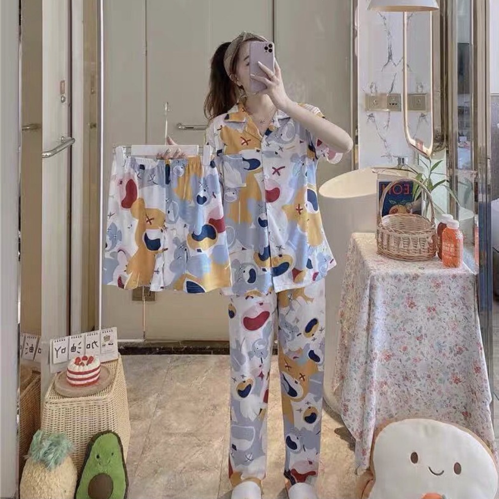 Piyama Baju Tidur Wanita Leisure Wear Import Fashion Kerah Kancing Lengan Pendek-7006 3in1