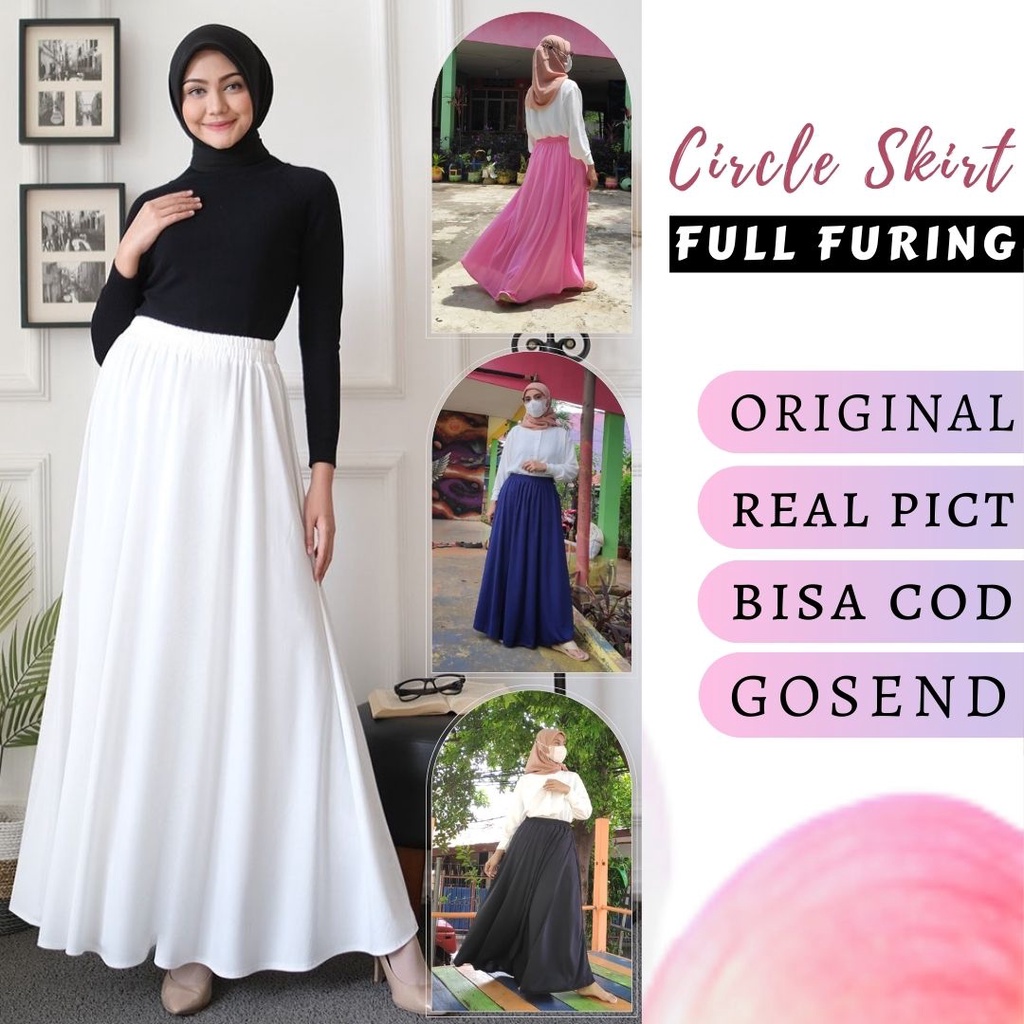 Rok panjang wanita dewasa polos pinggang karet full puring warna putih hitam pink navy real pict cir