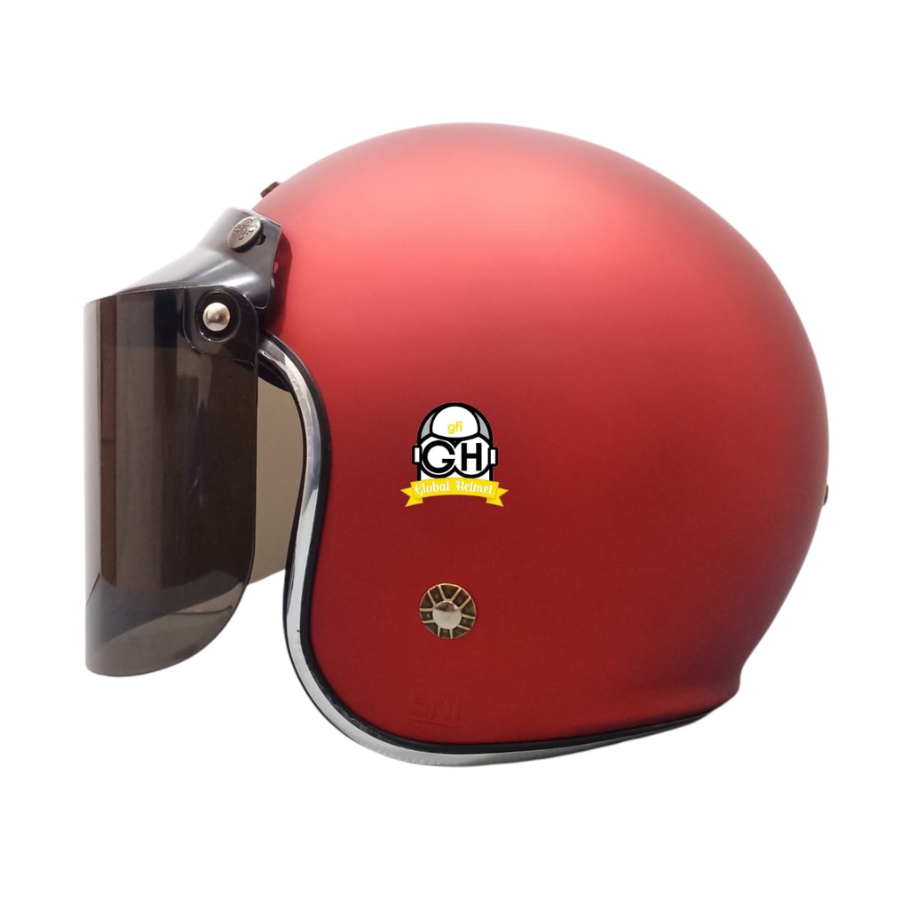 Helm Retro List Chrome Maroon Doff Helm Bogo Half Face SNI Free Kaca Flat