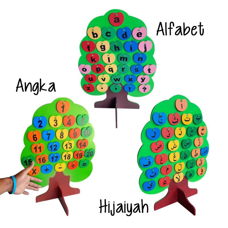 Mainan balok kayu bentuk pohon huruf - hijaiyah - angka