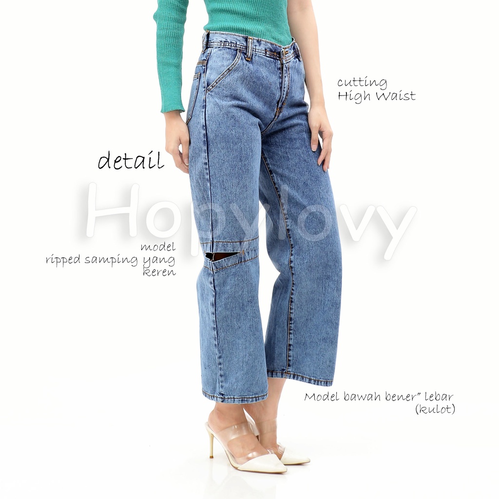 HOPYLOVY Celana Kulot Wanita Highwaist Boyfriend Jeans BF Sobek Claretta