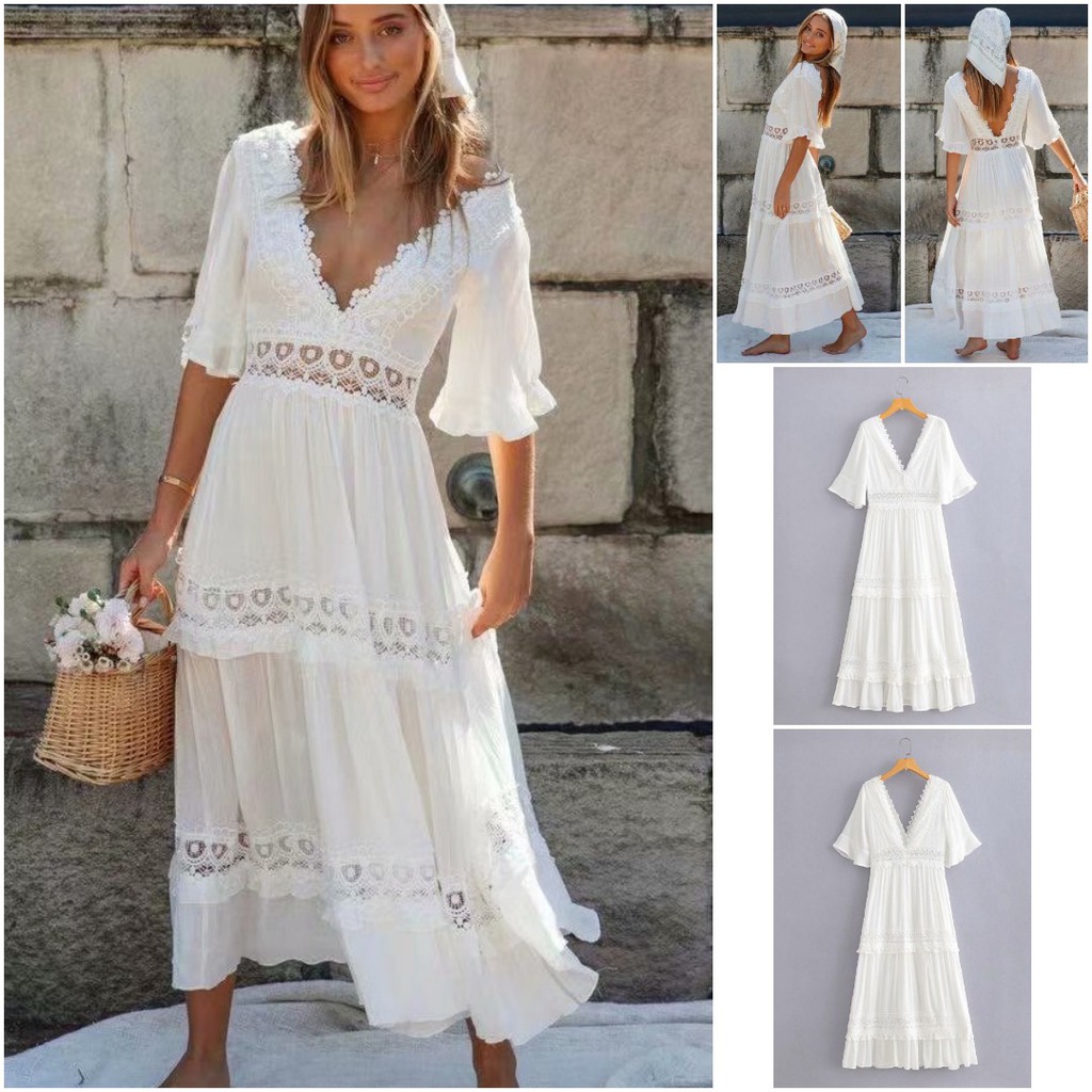 LONG DRESS PANTAI BOHEMIAN WANITA MUSIM PANAS WARNA PUTIH/DRESS PUTIH 6VEN0917
