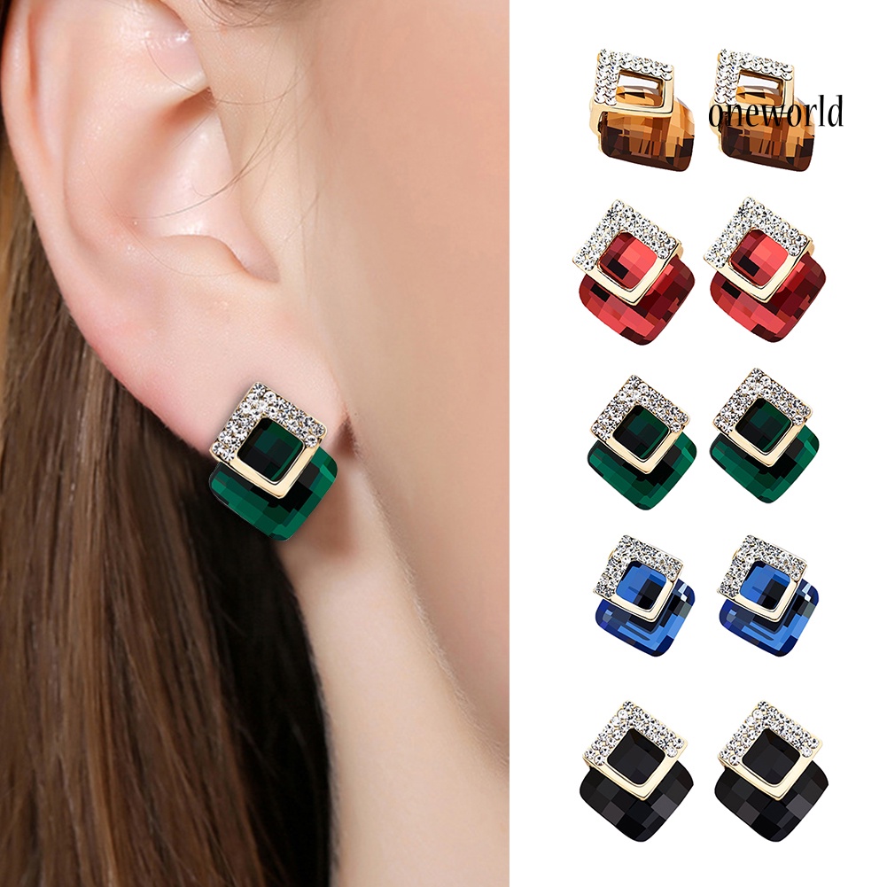 OW@ Concise Rhinestone Inlaid Square Stud Earrings Women Banquet Party Jewelry Gift