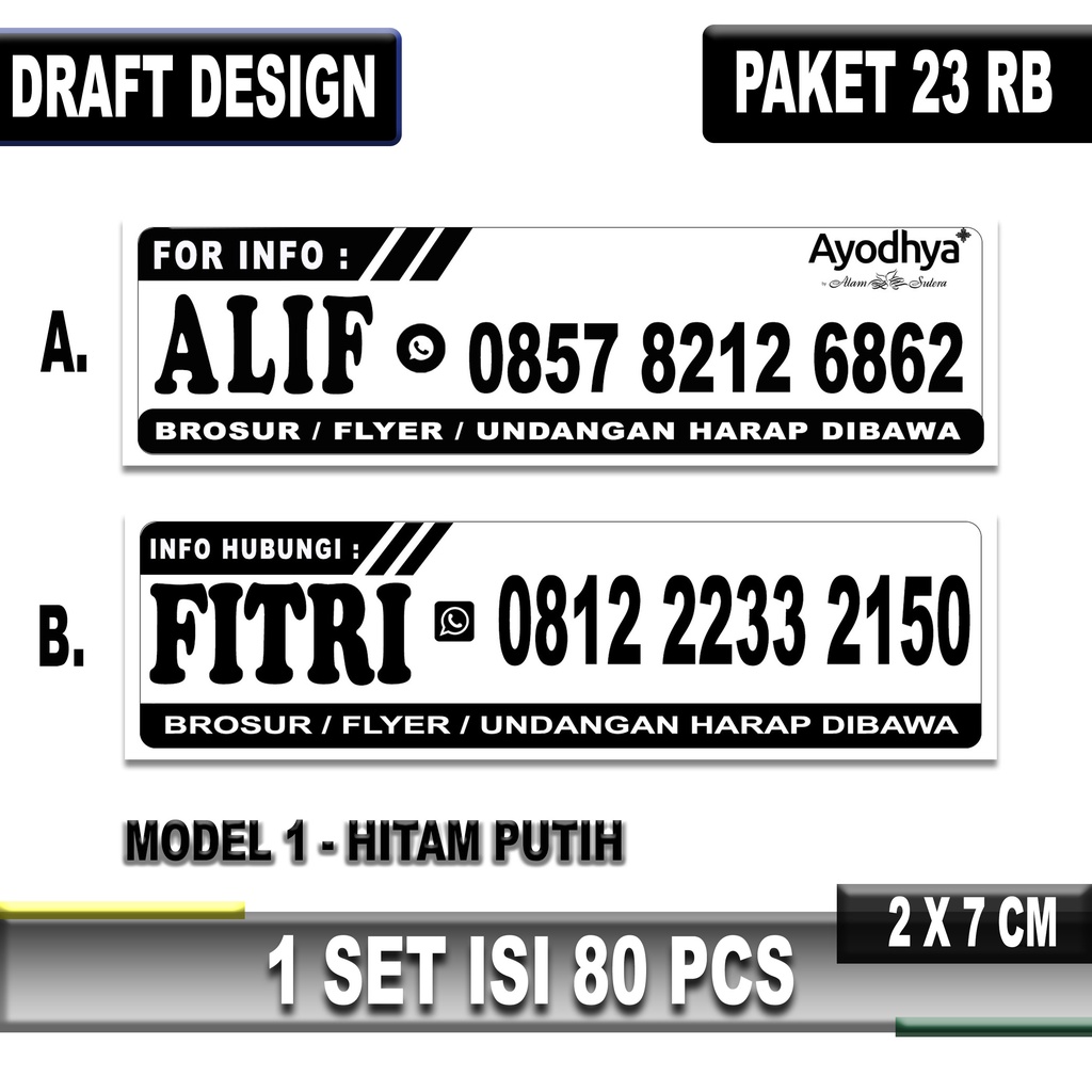 

Isi 80 Pcs Cetak/Custom Sticker Satu Warna Hitam Putih Stiker Label Nama Untuk Marketing Sales Property Mobil Termurah