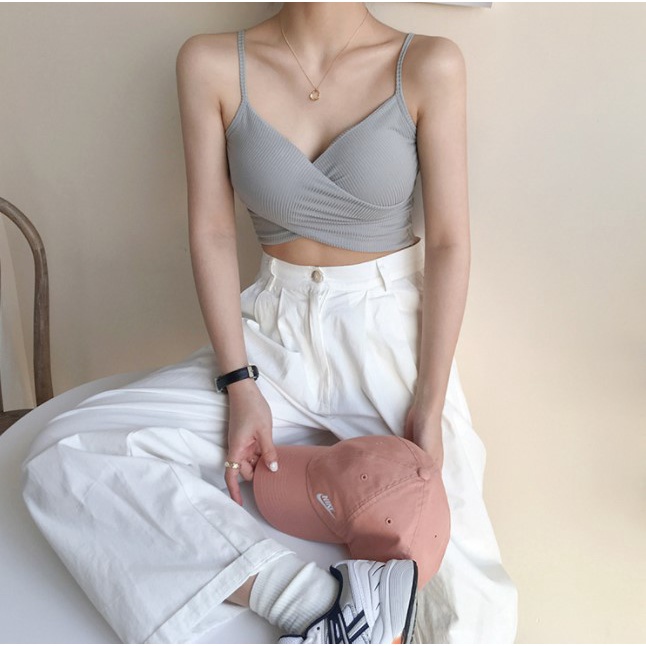 Tanktop 23 tank top cross twist pakaian crop top dalaman wanita korea v neck atasan cewek-Abu