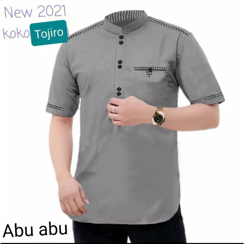 Baju Koko Kurta Dewasa Lengan Pendek Material Catton Adem Serap Keringat-ABU(TOJIRO)