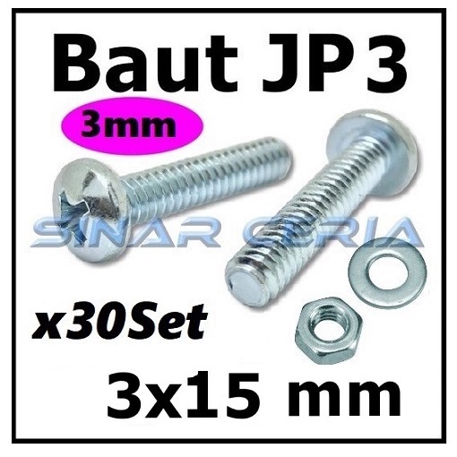 x30 Baut Mur Ring M3x15 JP 3x15 Baut JP M3 3x15 3x15mm M3x15 M3x15mm Baut JP Kepala Cembung Isi 30 S