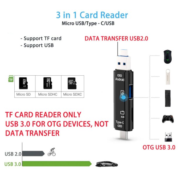 Flash disk  5 in 1 USB 3.0 Type C USB Micro USB SD TF Memory Card Read Adaptor HUB Handphone Card Reader