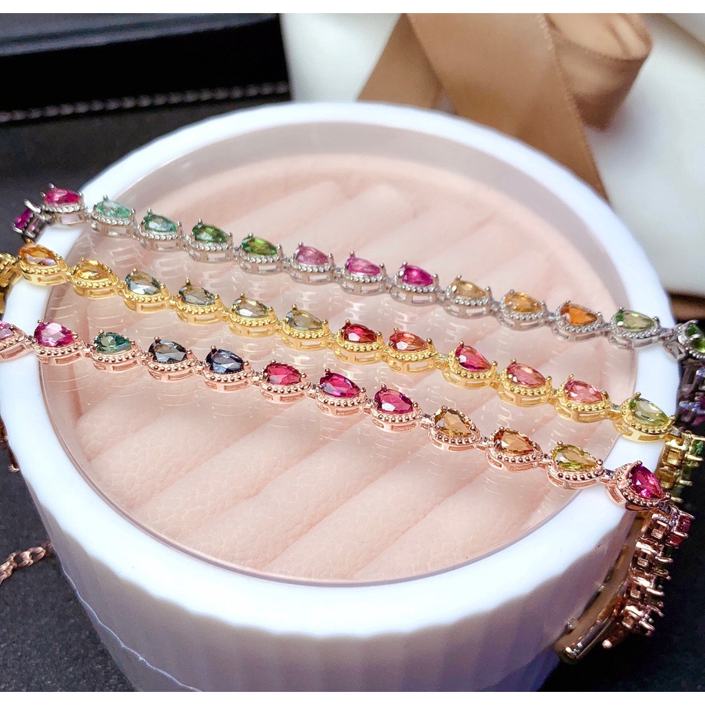 Gelang S925 Silver Gold 18k Hias Turmalin Warna Pelangi Untuk Wanita