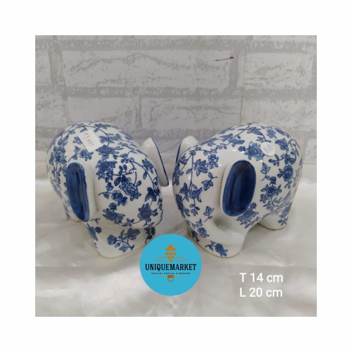 Gajah Keramik Biru Putih Satuan/ Pajangan Gajah Keramik Biru Putih