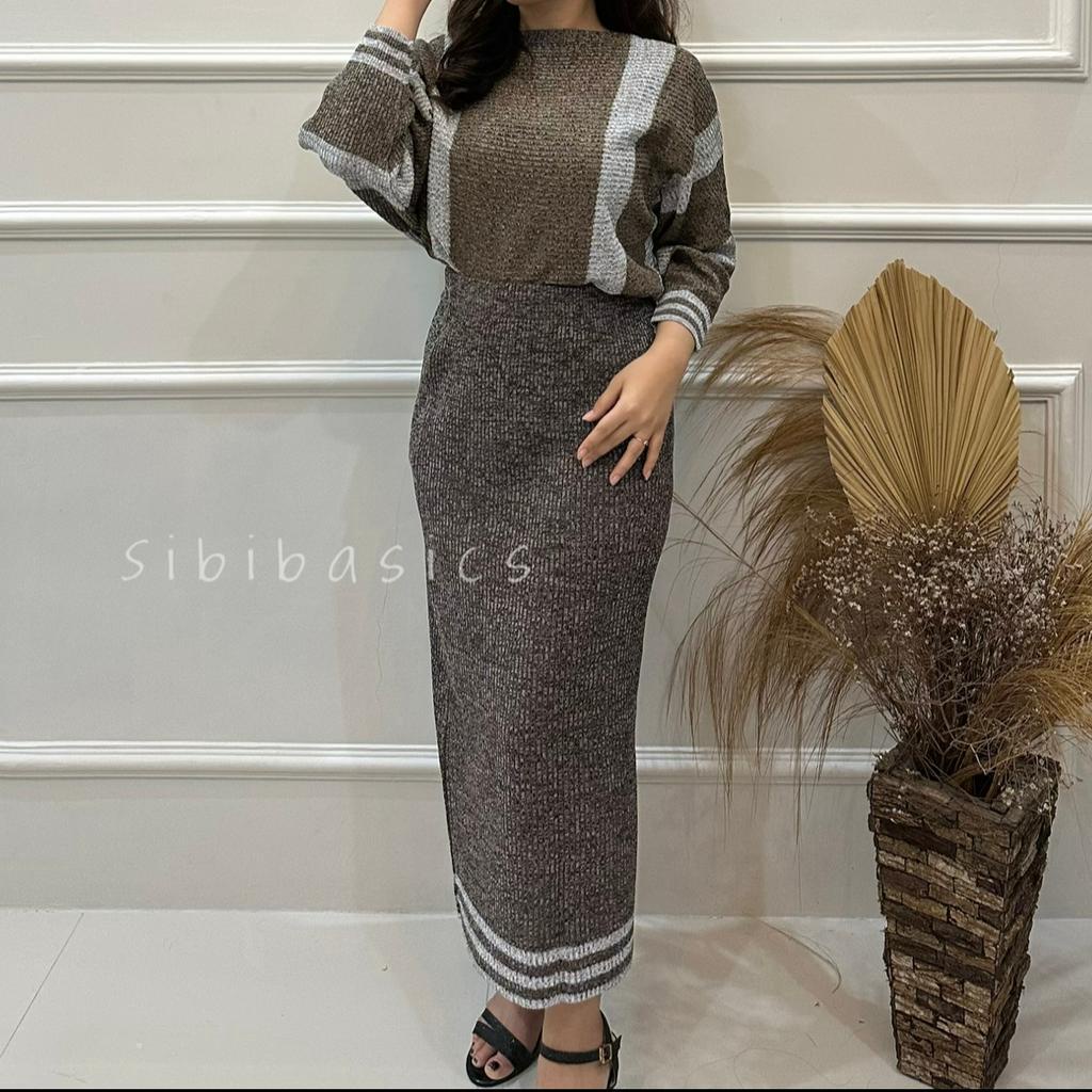 SIBIBASICS - One Set Wanita Cardigan + Rok Rajut Rib Knit Premium Tebal Korean Style Bahan Streach