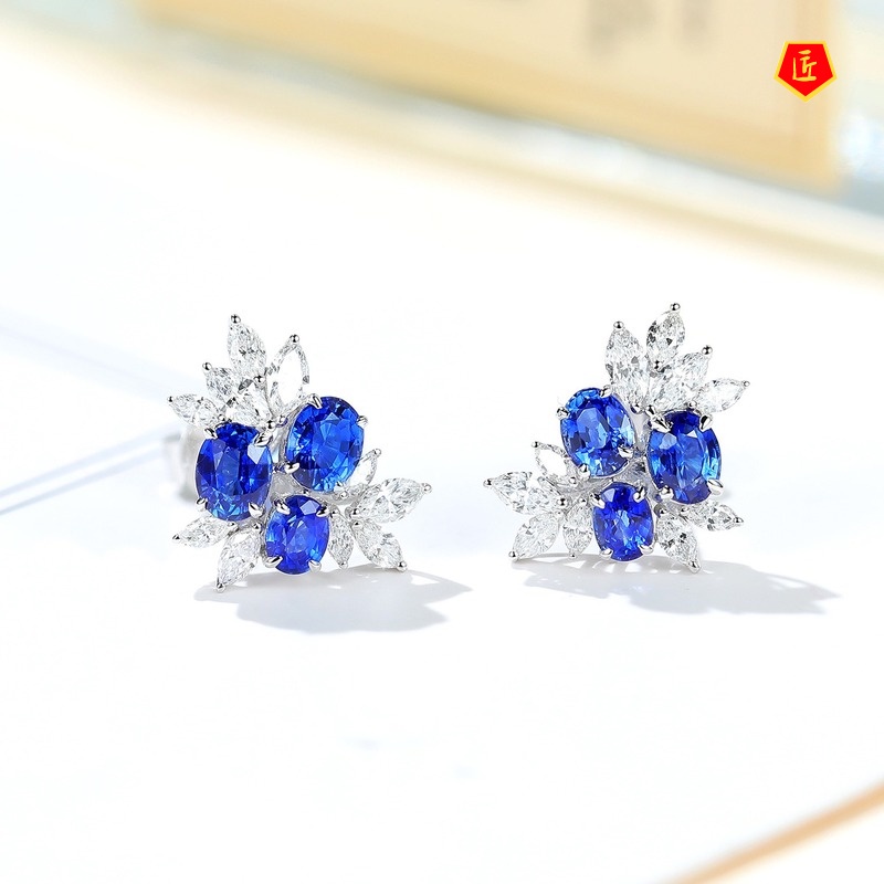 [Ready Stock]18K White Gold Ruby Stud Earrings Luxury Sapphire