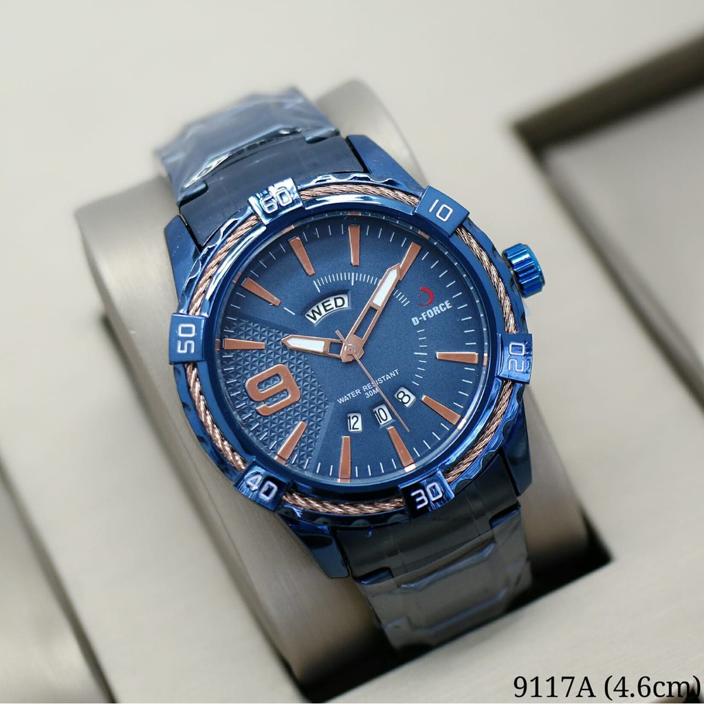 JAM TANGAN PRIA COWOK D-FORCE 9117A TANGGAL HARI AKTIF STAINLESS BIRU