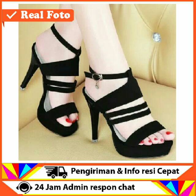 NS300 - HEELS TALI WANITA PESTA SEPATU KERJA HITAM STRIP GELANG HAK TINGGI PUMP 10CM