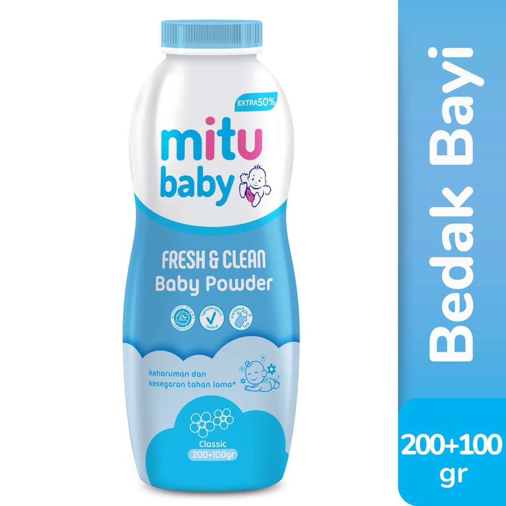 Mitu Baby Powder Fresh &amp; Clean Blue Classic 200 + 100 gr - Bedak Bayi