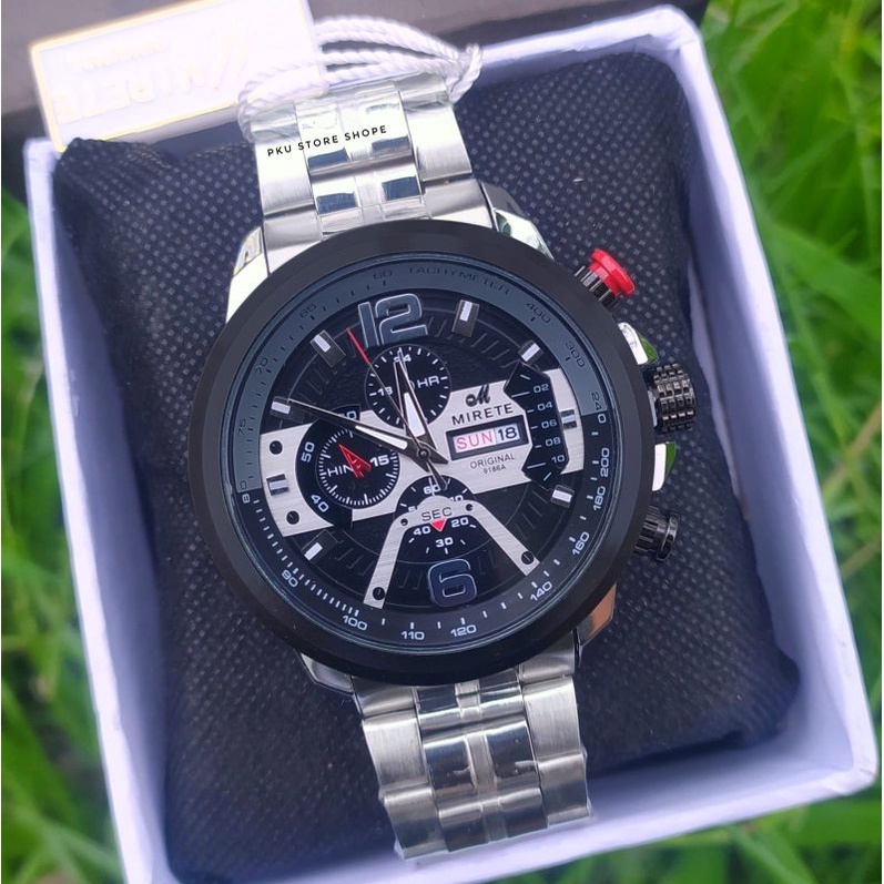 MIRETE SPORT SILVER PLAT HITAM BES SELLER TERBARU, JAM TANGAN KASUAL PRIA SPORTY TAHAN AIR RANTAI ANTI KARAT FITUR TANGGAL HARI JAM TANGAN COWOK RANTAI STAINLIS STEL MIRETE ORIGINAL COD BAYAR DI TEMPAT JAM TANGAN IMPORT PRIA ANTI AIR FREE BATRAI MIRETE