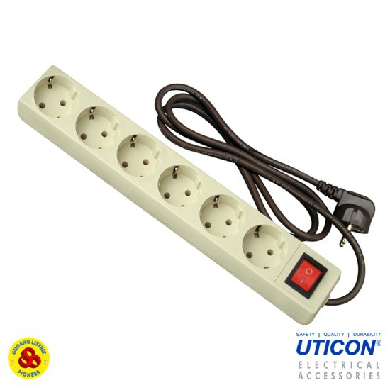 Uticon Stop Kontak Arde 6 Lubang + Saklar + Kabel ST-1682 Terminal 6 Lubang dengan Indikator Lampu