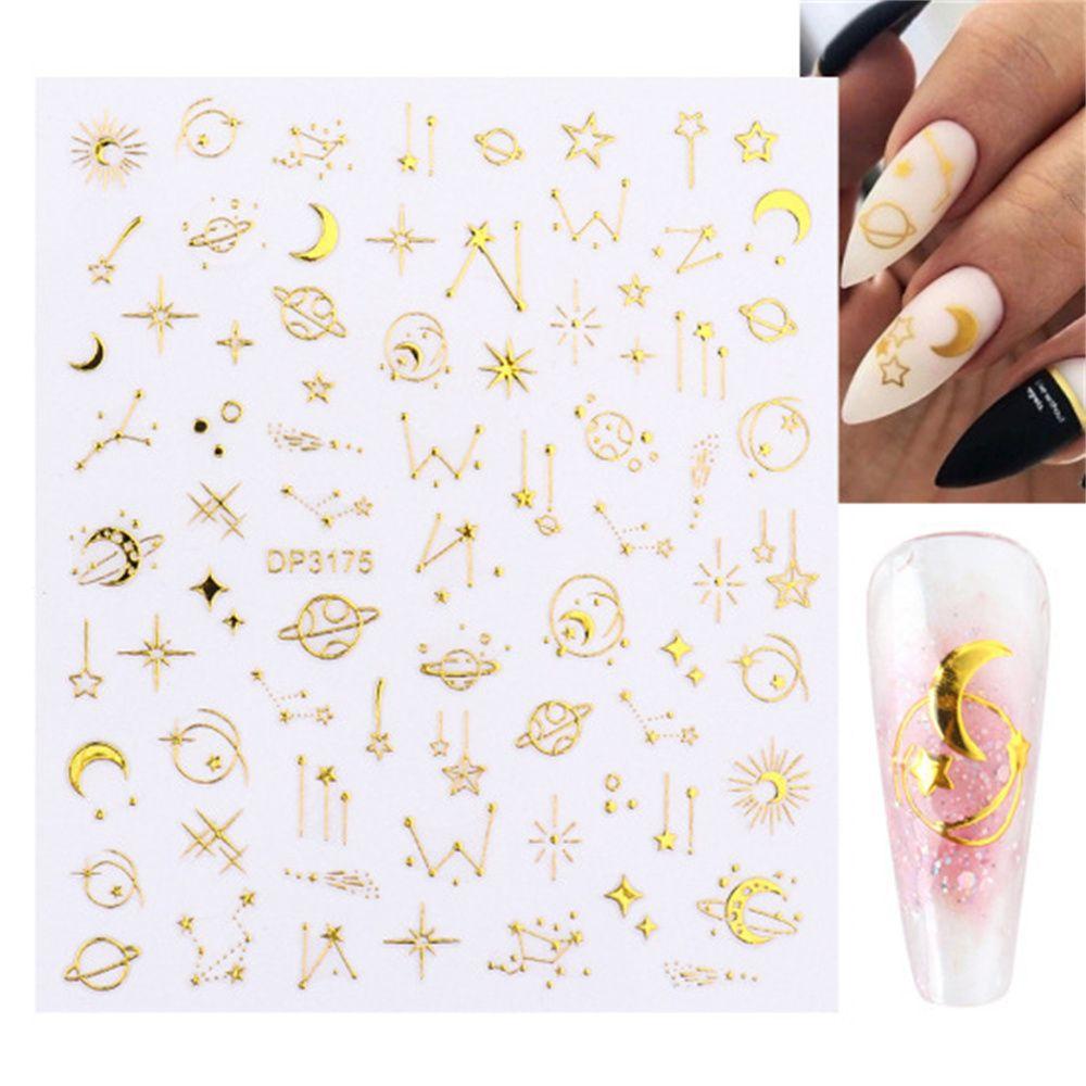 R-flower 3D Nail Sticker Star Silver Gold Garis Geometris Stripe Transfer Stiker