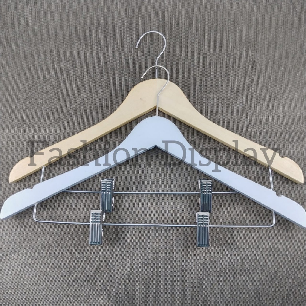 Hanger Kayu Natural/Putih Jepit Besi Premium Hanger Kayu Celana Gantungan Kayu Untuk Bawahan-BH