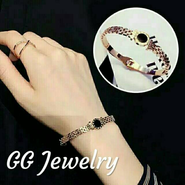 Gelang Bangle Aksen Angka Romawi Titanium Lapis Emas 18K # GB-109