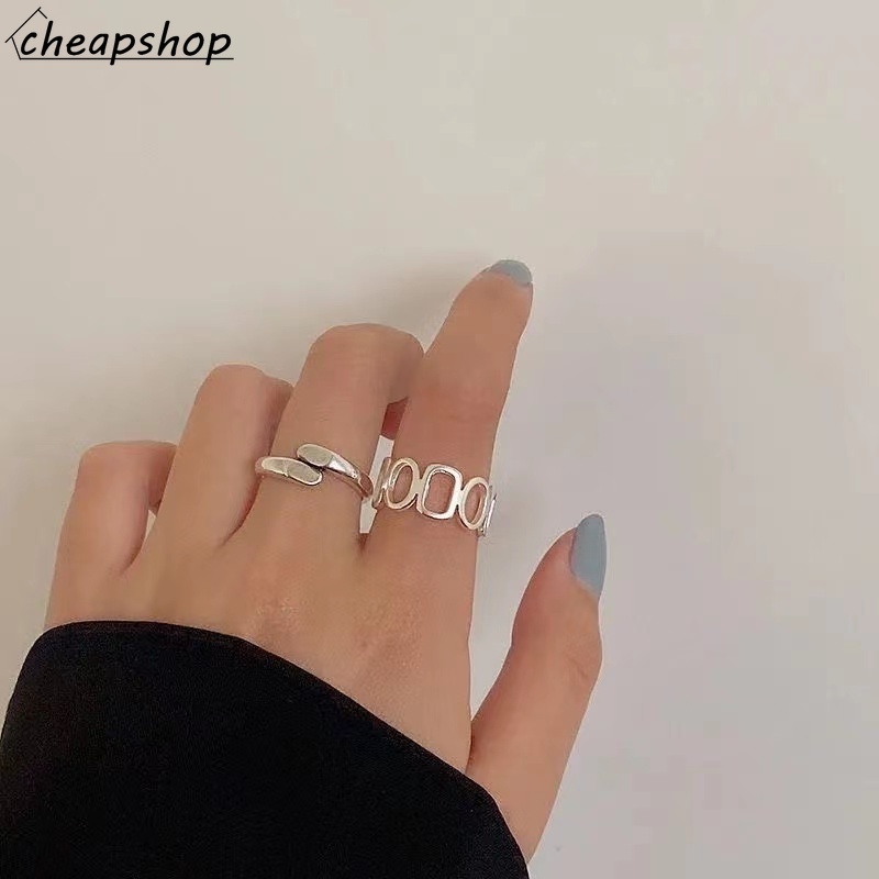 IFYOU 2pcs / Set Cincin Model Cutout Warna Silver Gaya Korea Untuk Wanita