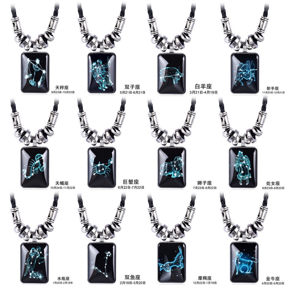 Kalung Tali Kulit Liontin Zodiak 12 Rasi Bintang Luminous Gaya Punk Rock Vintage Untuk Pria Dan Wanita