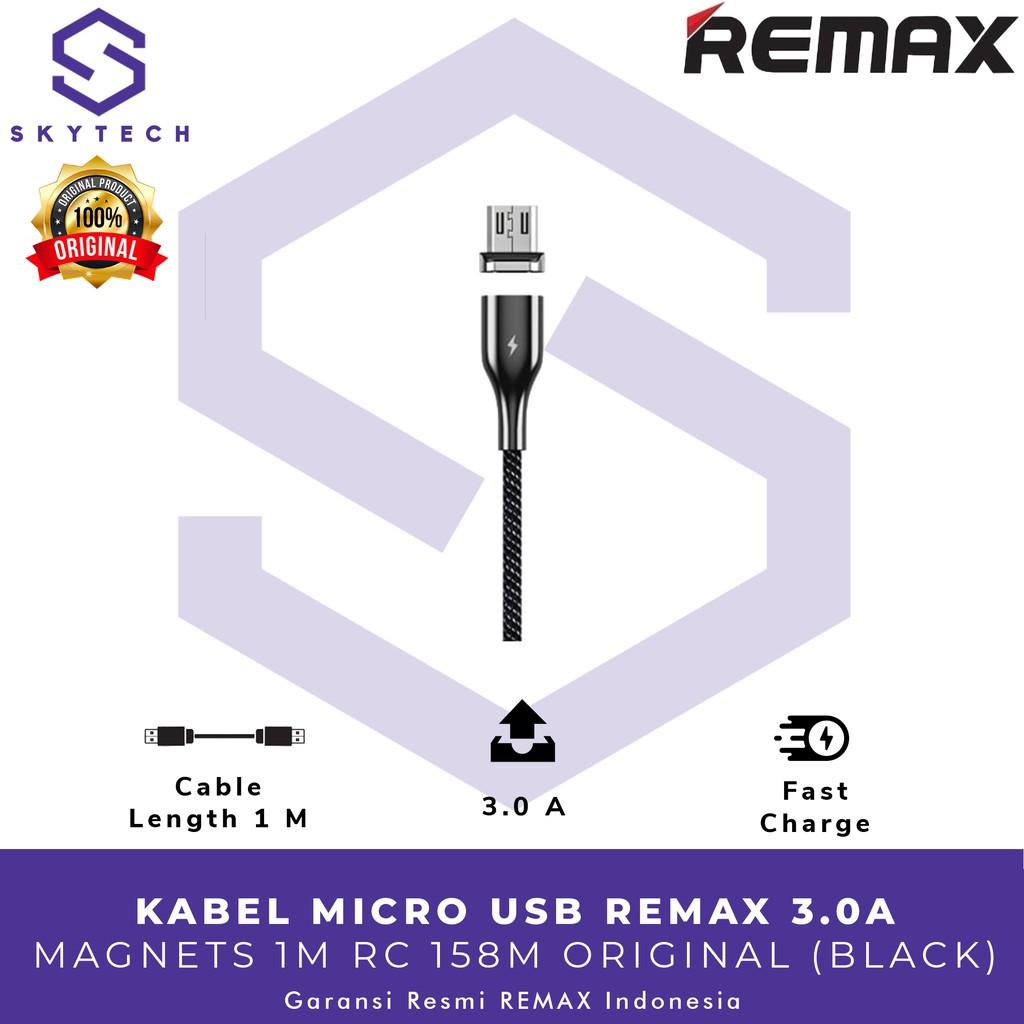 KABEL MICRO USB REMAX 3.0A MAGNETS 1M BLACK RC 158M ORIGINAL GARANSI RESMI