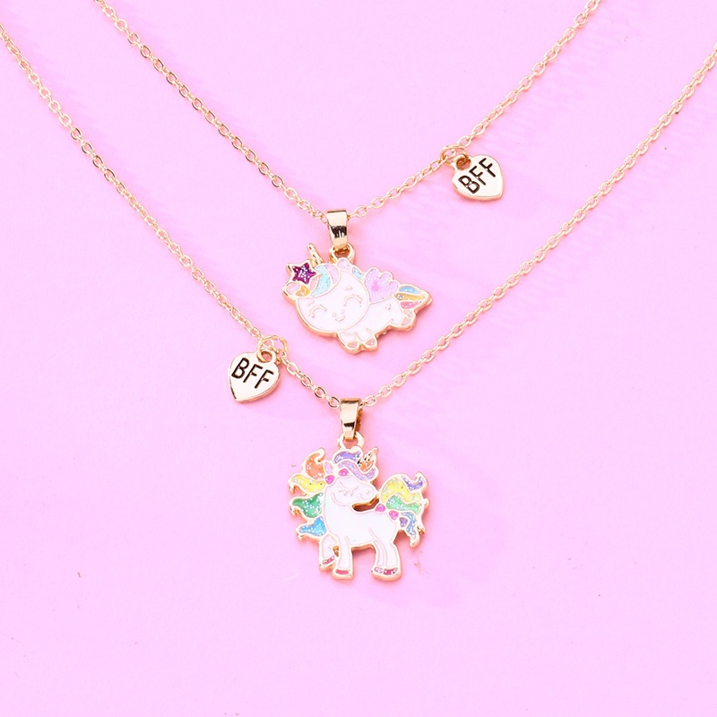 2pcs / Set Kalung Rantai Dengan Liontin Unicorn Lucu Untuk Wanita