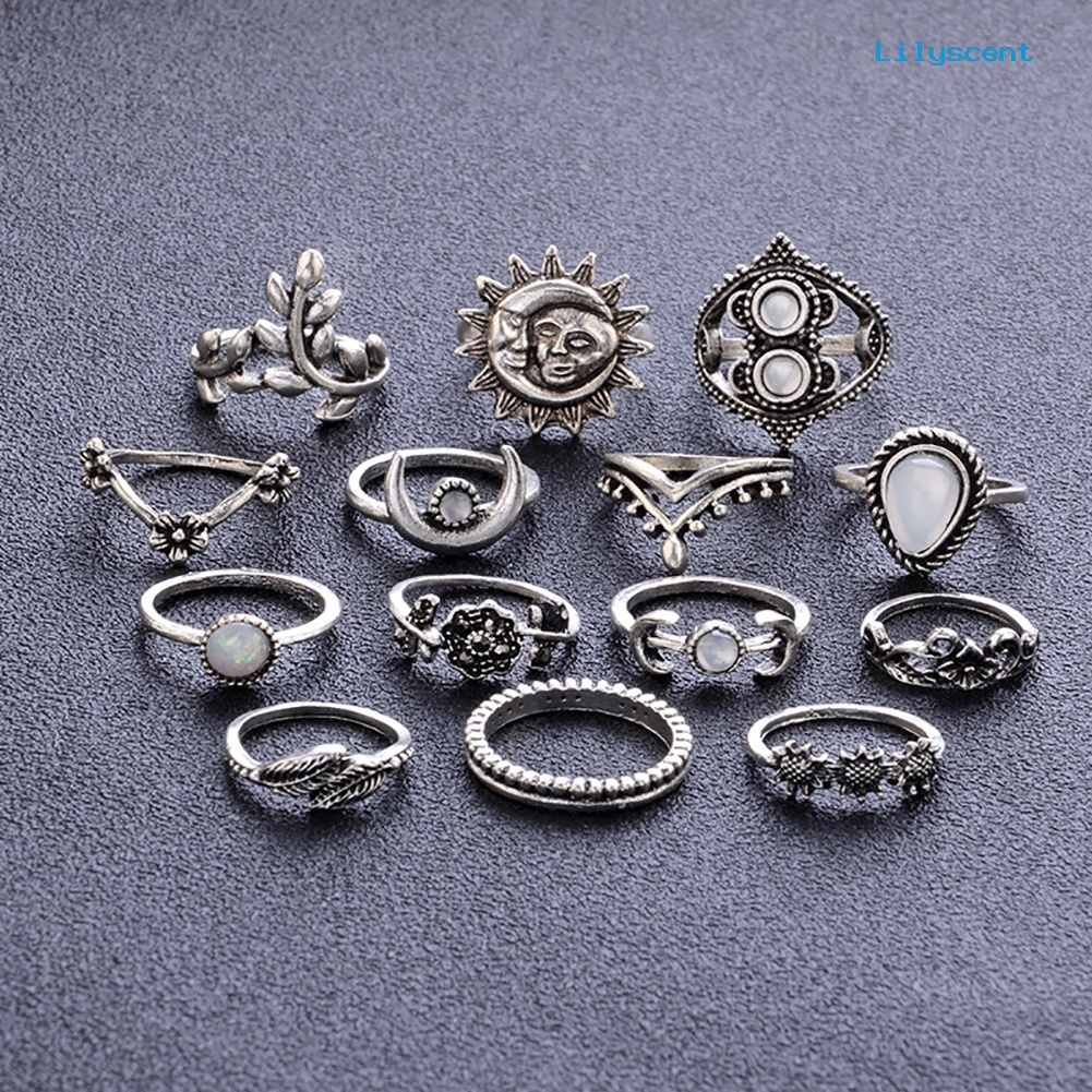 14 Pcs Cincin Knuckle Bentuk Bulan Dan Bunga Matahari Gaya Vintage Untuk Wanita