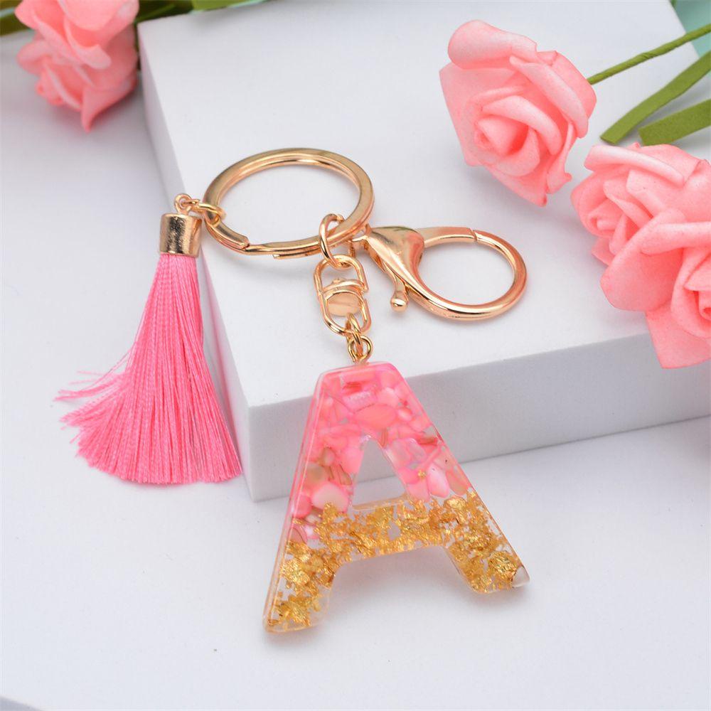 NEEDWAY 26huruf Gantungan Kunci 1PC Glitter Gradiasi Pink Jumbai Liontin Ornamen Gantungan Kunci Mobil Gantungan Kunci Alfabet