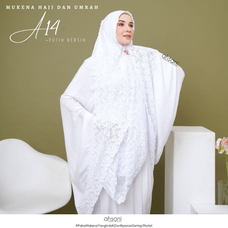 AHSANI Mukena A14 Putih Dewasa Jumbo Dengan Bahan Silky Ori Renda Brokat Cantik Mewah Umroh Haji Ringan