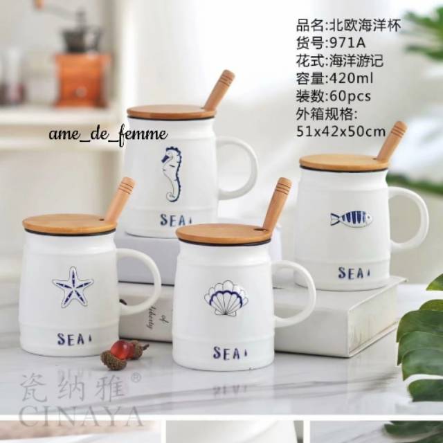 Mug sea tutup kayu + sendok stainless