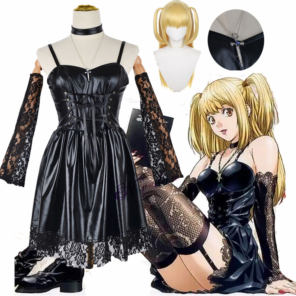 PreOrder Anime Death Note Cosplay Costume Misa Amane Faux Leather Sexy Black Lolita Dress Wig Clothe