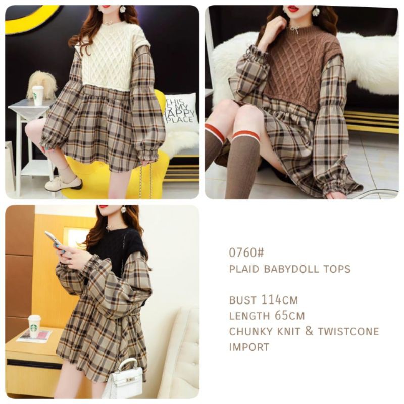 MDLV ~ BM 0760 PLAID BABYDOLL TOPS KOREA BLOUSE RAJUT COMBI ATASAN RAJUT IMPORT FASHION IMPORT