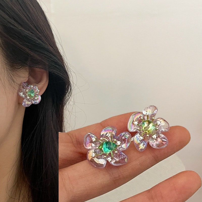 Anting Zircon Bentuk Bunga Warna Ungu Gaya Perancis Untuk Wanita