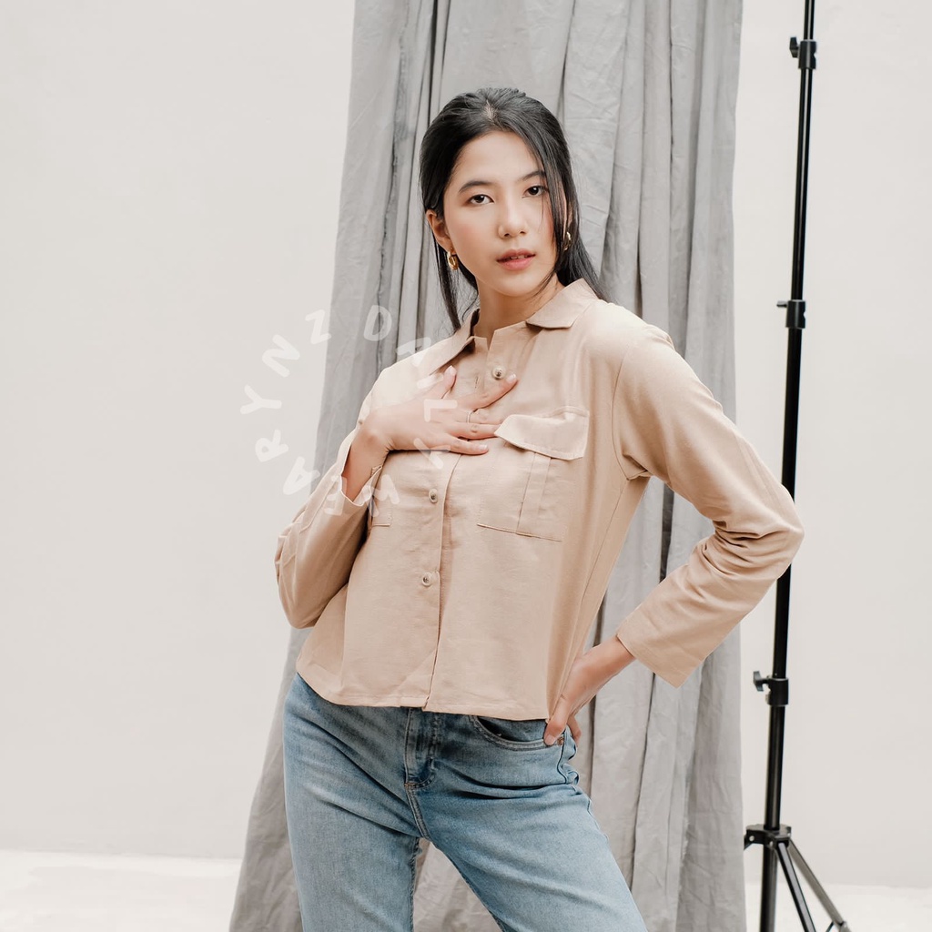 Kemeja Crop Linen Pocket Oversize Kemeja Crop Wanita Polos Atasan Wanita Terbaru