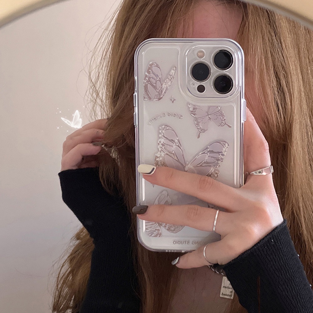 Soft Case Silikon TPU Transparan Motif Butterfly Untuk iPhone 14 13 12 11 Pro X XR XS Max 6 6S 7 8 Plus